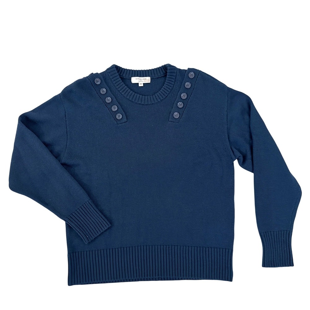 Marissa Webb Collective Button Detail Crewneck Sweater Blue Knit Pullover M - Picture 2 of 11